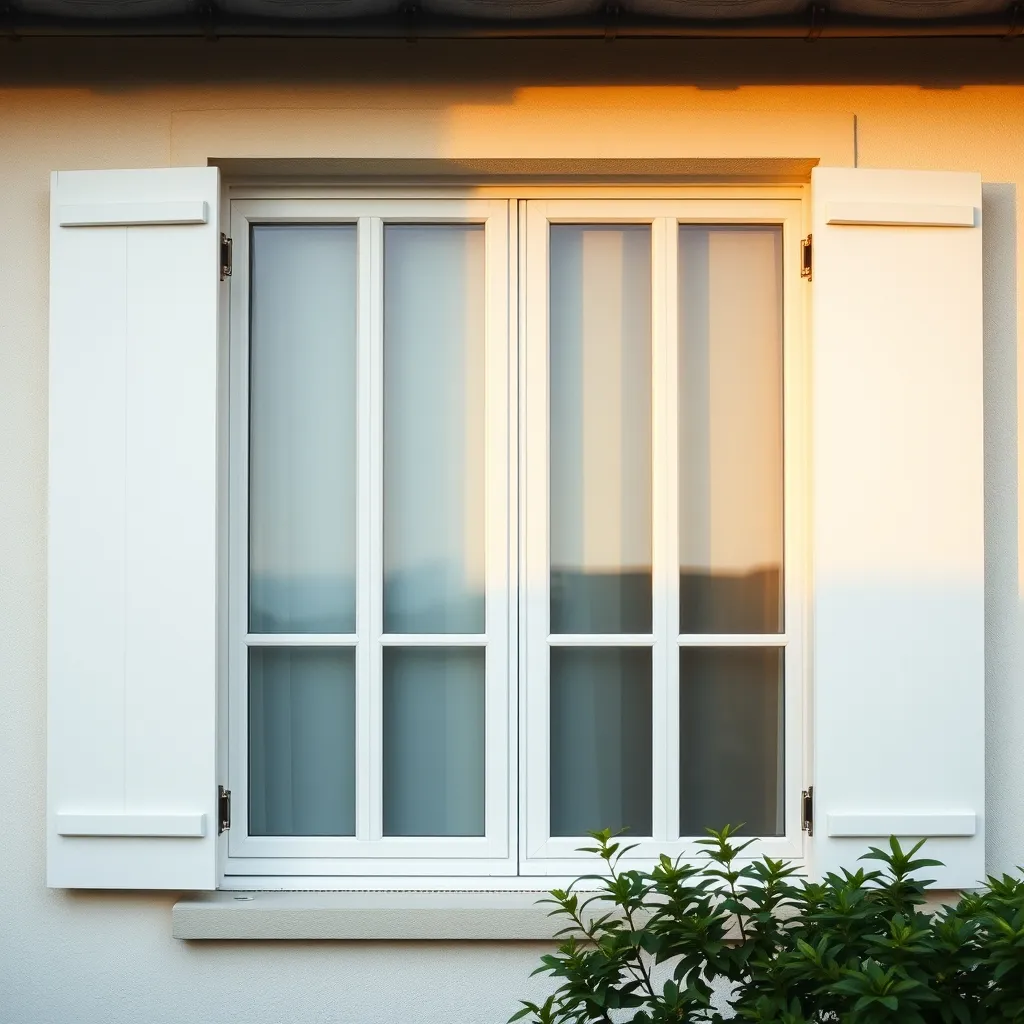 Volets pliants PVC fermés sur une fenêtre de maison de ville