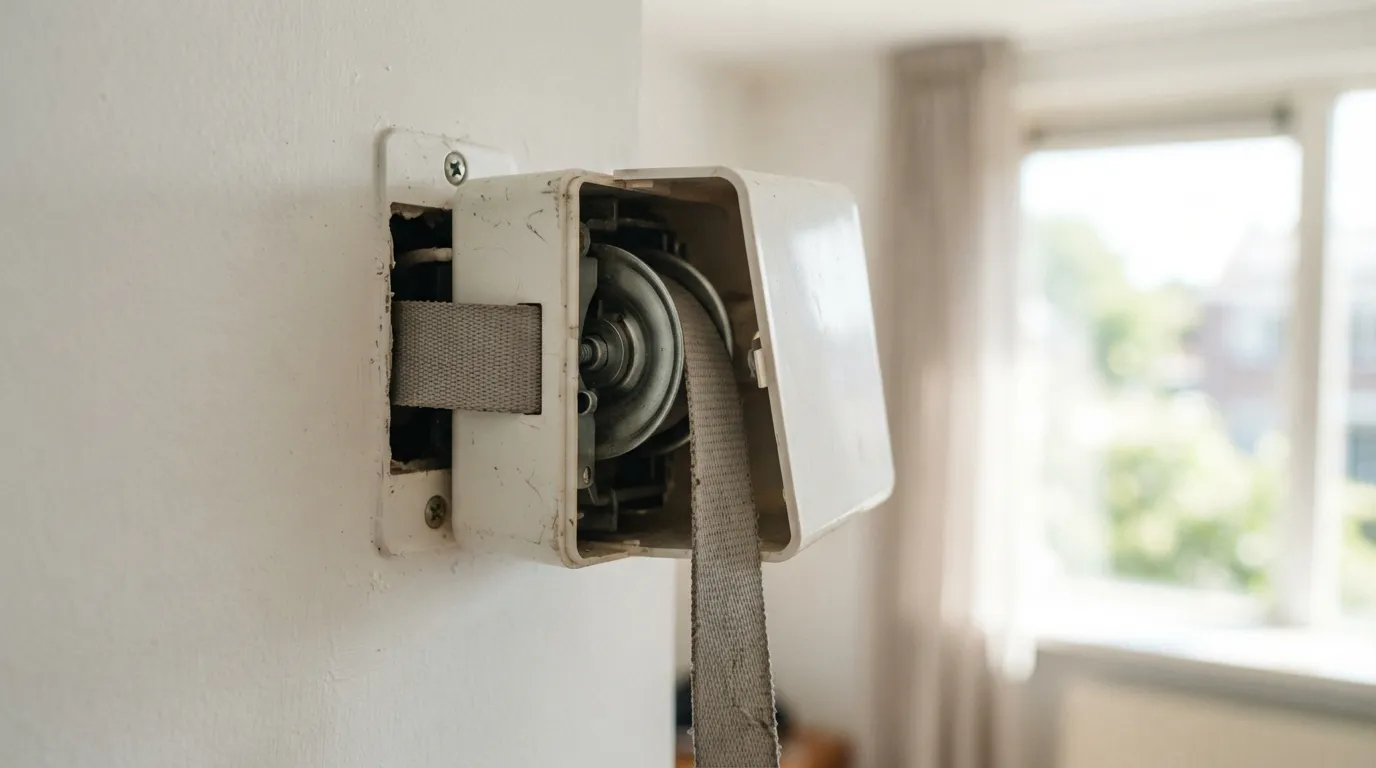 Boîtier enrouleur ouvert avec la sangle plate du volet roulant visible avant remplacement