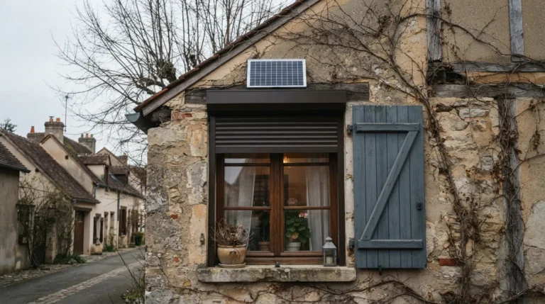 Volet roulant équipé d'un panneau solaire sur le coffre, façade résidentielle sous lumière hivernale diffuse