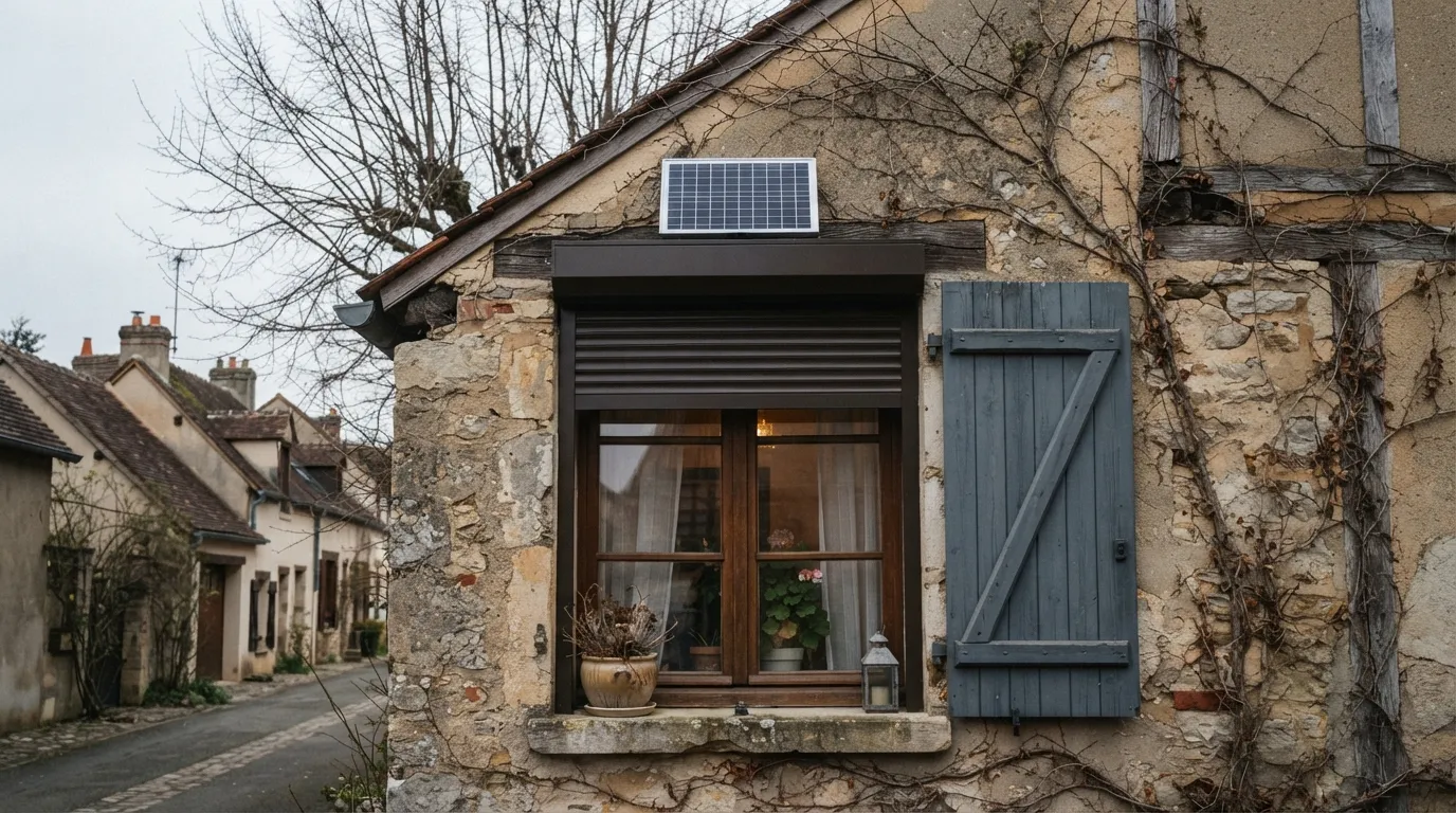 Volet roulant équipé d'un panneau solaire sur le coffre, façade résidentielle sous lumière hivernale diffuse